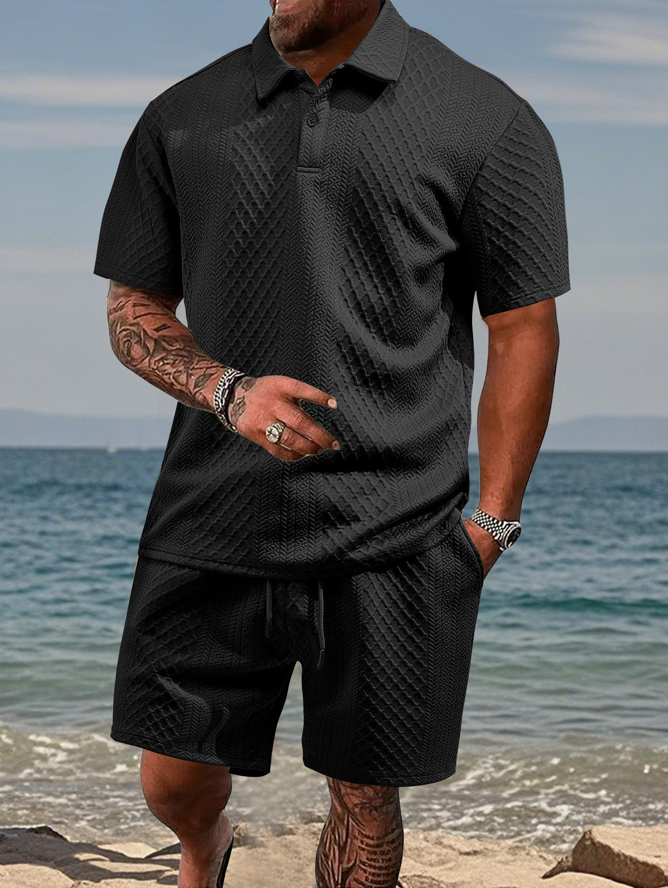 Herren Freizeit Sport Jacquard Polohemd Und Shorts Set Sommer_voghion.com