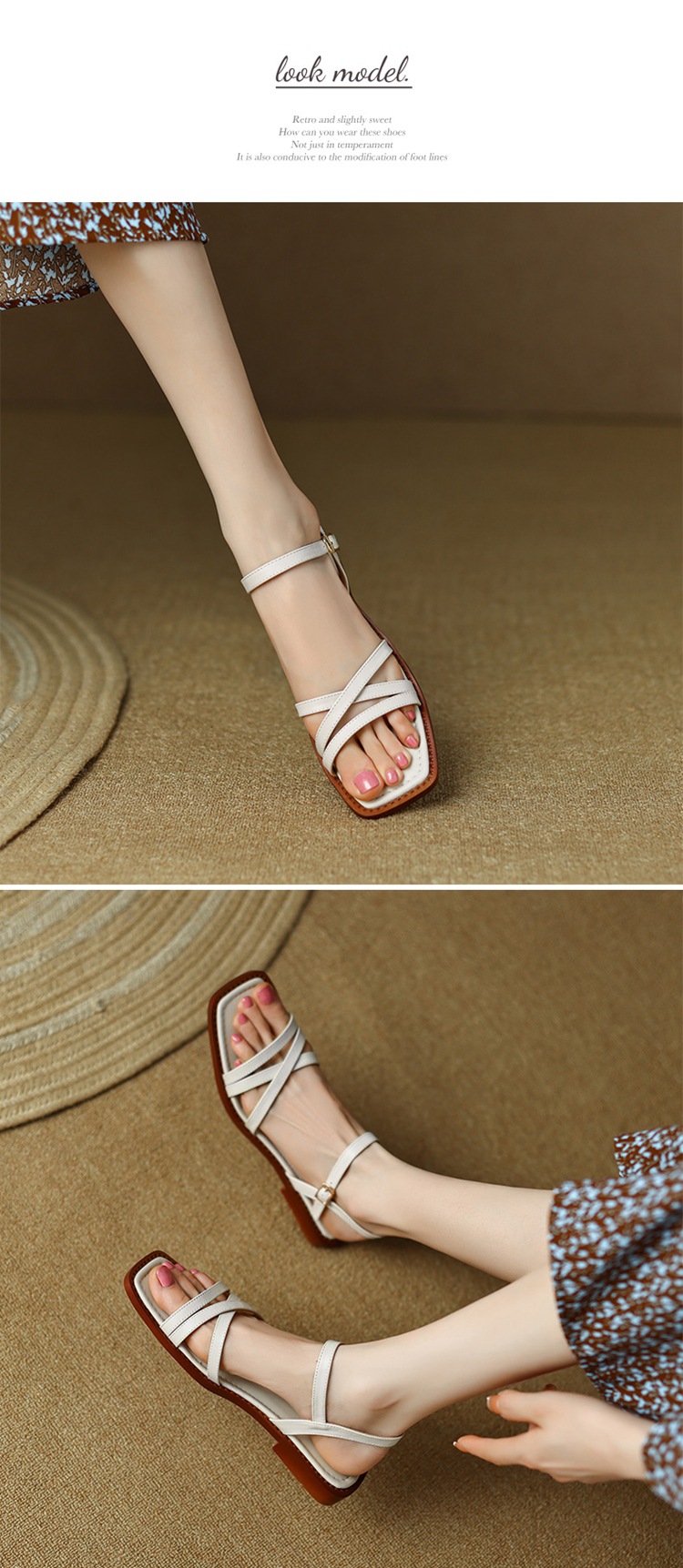 Dép sandal nữ đế bệt mũi vuông hở ngón da bò một quai khóa ngang — Màu nâu chi tiết 5