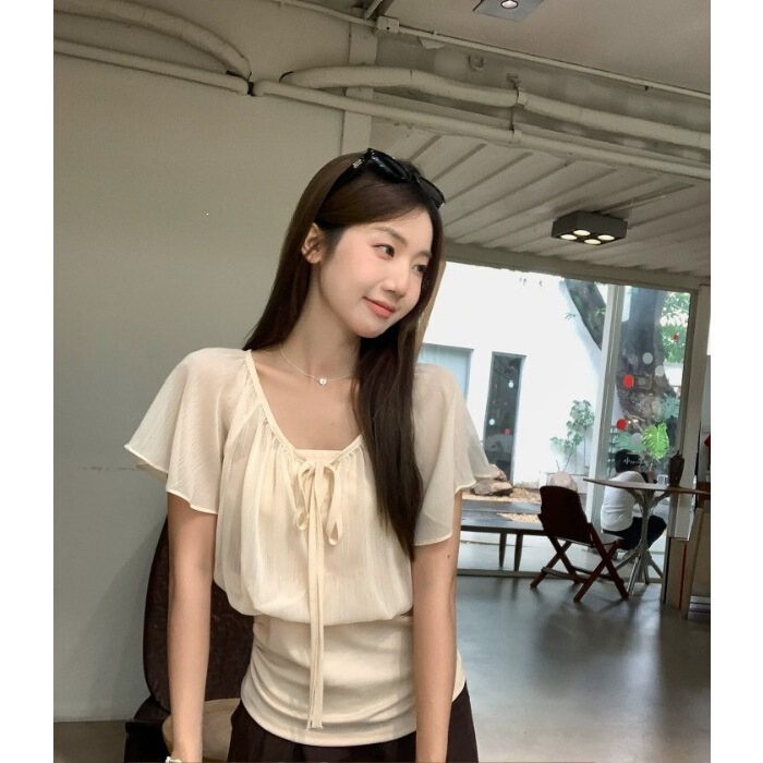 【Fine Cotton with Chiffon Ruffles】Light Apricot Color Faux Two-Piece Tie-Up V-Neck Ruffle Sleeve Women's Summer Blouse 【Fine Cotton with Chiffon Ruffles】Light Apricot Color Faux Two-Piece Tie-Up V-Neck Ruffle Sleeve Women's Summer Blouse