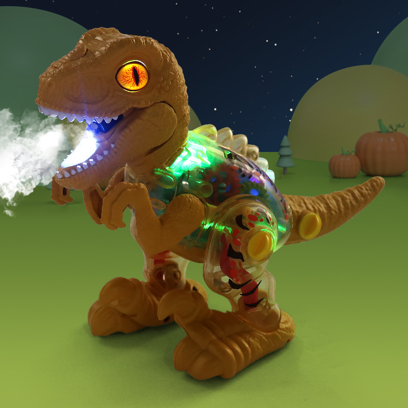Nuevo aerosol eléctrico Raptor simulación dinosaurio modelo música luz caminando engranaje transparente dinosaurio juguete