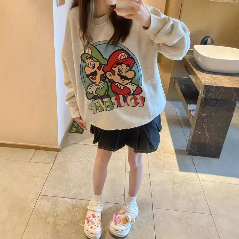 Fleece-Lined Autumn and Winter New Cartoon Anime Super Mario Sweatshirt for Women, Retro Lazy Niche Youthful Student Jacket