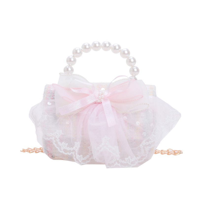 Hermosa bolsa de hombro para niñas, flores dulces, encaje de perlas, bolsos de mano para bebés, nuevos bolsos de cadena para niños