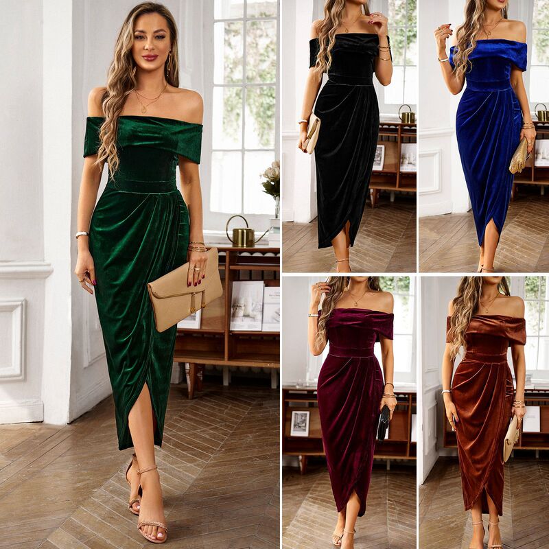 Diyun European and American Cross-Border Amazon Velvet Dress 2023 Autumn and Winter Export Elegant Elegant One-Shoulder Long Dress