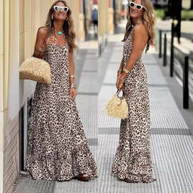 2024跨境新款亚马逊ins网红同款豹纹印花V领挂脖露背性感吊带长裙