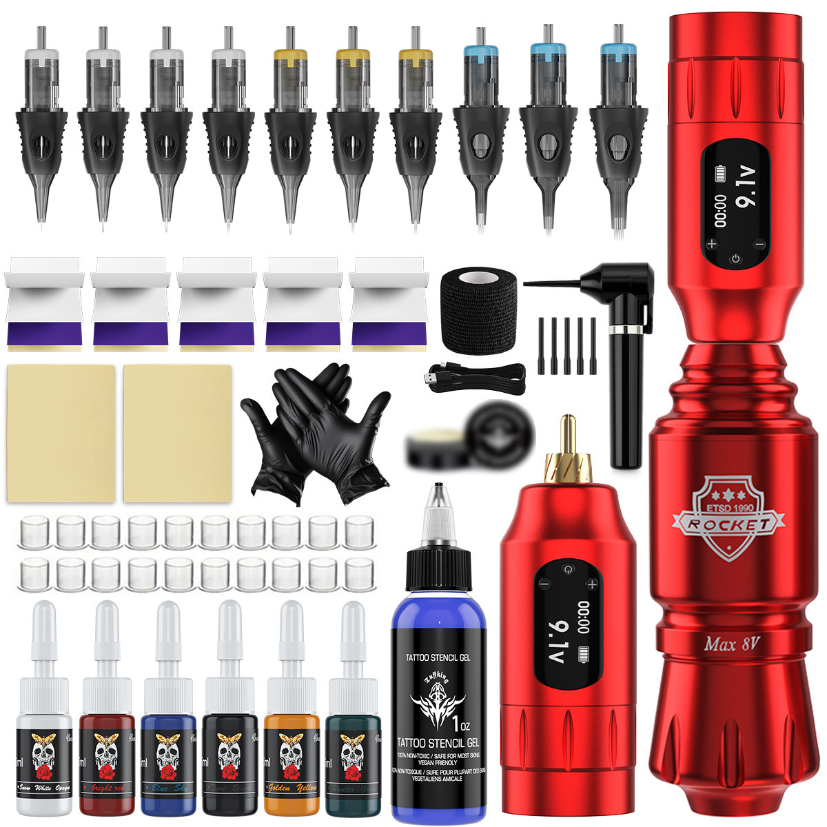 Juego de máquina de tatuaje de lápiz de tatuaje inalámbrico de batería dual, máquina todo en uno, duración de la batería de larga duración, viaje ajustable, equipo de tatuaje transfronterizo