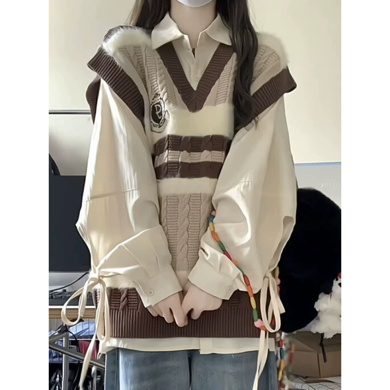 Костюм-двойка/весенний новый японский стиль, милый стиль преппи, контрастный вязаный жилет с v-образным вырезом, женская длинная рубашка