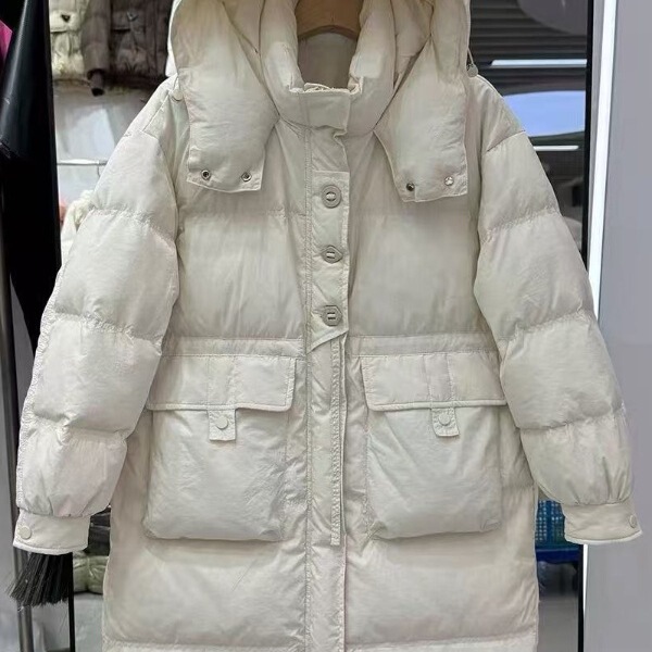 2025 New down Jacket Three-Button Mid-Length Over-The-Knee Winter Korean Style Thickened Hooded Duck down Jacket Off-White