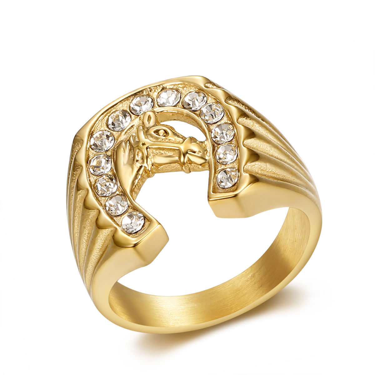 Rings Classification 12, 13, 7 Ring Size 1 Piece Quantity Hip-Hop Horse Titanium Steel Plating Inlay Rhinestones 18K Gold Plated Men's Rings