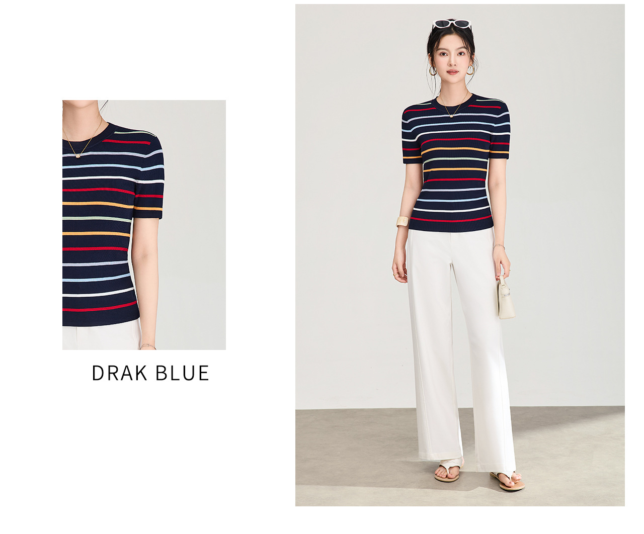 Áo thun nữ cổ tròn sọc kẻ dệt kim mỏng mùa hè — màu xanh navy chi tiết 14
