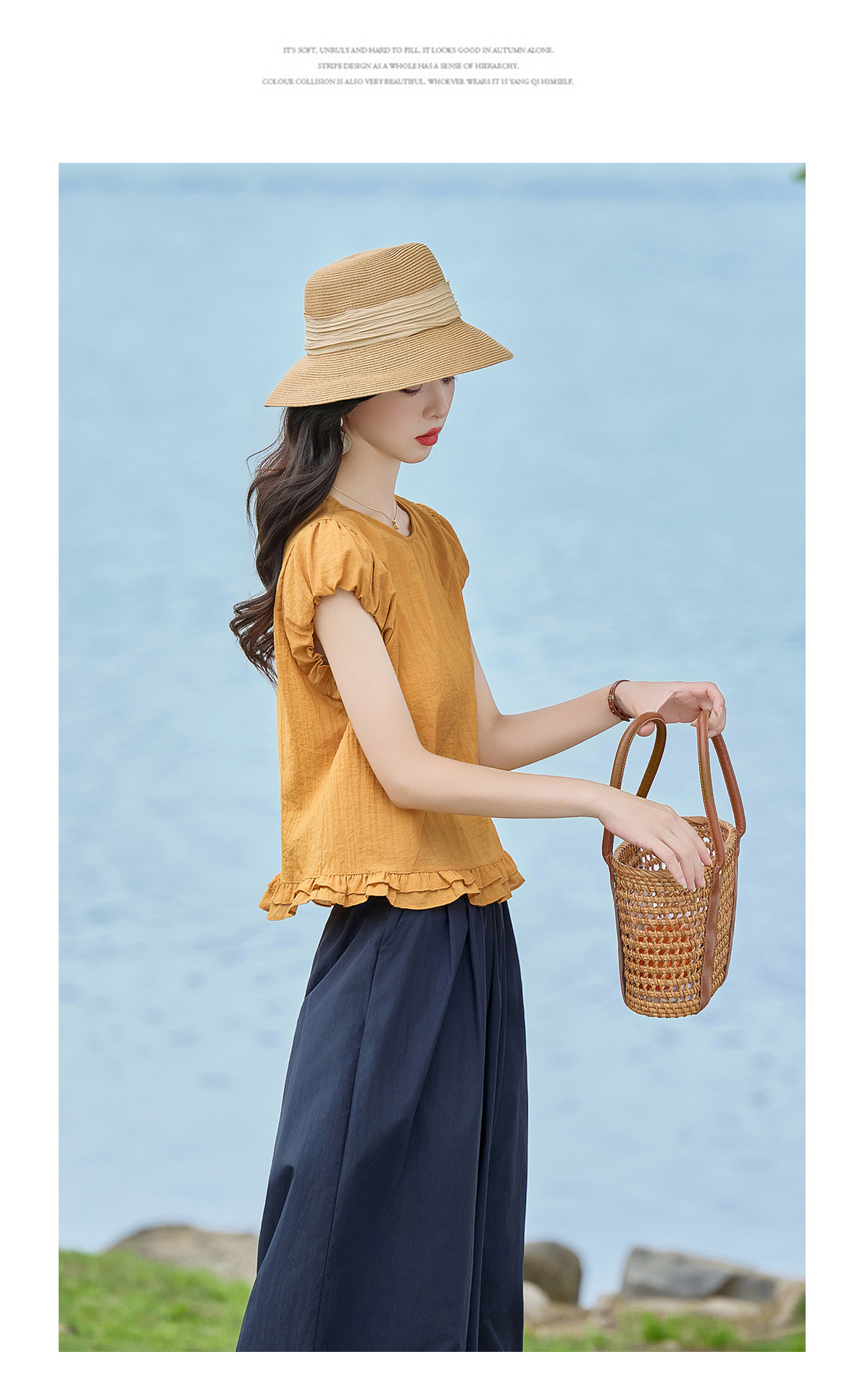 Bộ áo thun cổ tròn tay ngắn + quần ống rộng nữ 2 món mùa hè — màu sắc, màu xanh hồ chi tiết 21