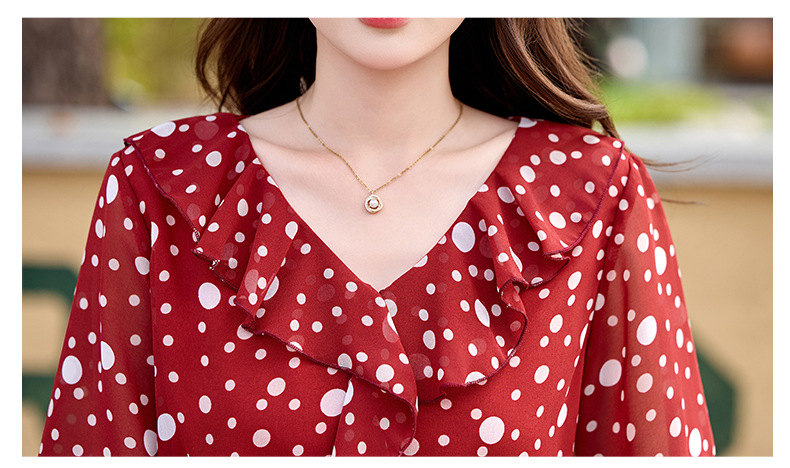 Đầm maxi nữ thắt eo cổ V in chấm bi đỏ — màu đen, màu đỏ chi tiết 27
