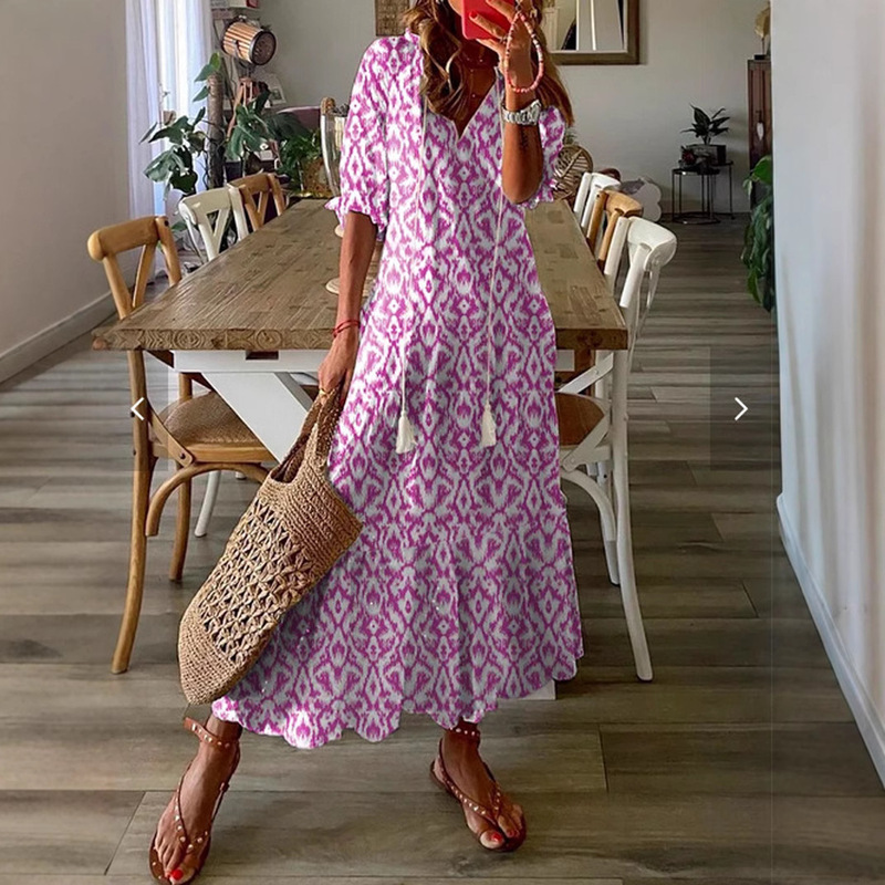 2023 Europe and the United States cross-border best selling casual sweet loose V-neck printed sling sleeve long dress women's spot 2023 Europe and the United States cross-border best selling casual sweet loose V-neck printed sling sleeve long dress women's spot