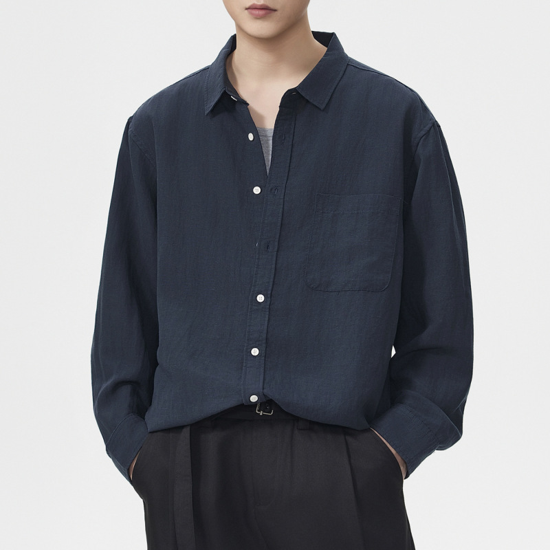 Xintang Men's Clothing | Old Money Style Linen Lyocell American Retro Long Sleeve Shirt for Men, Loose Fit Versatile Casual Shirt