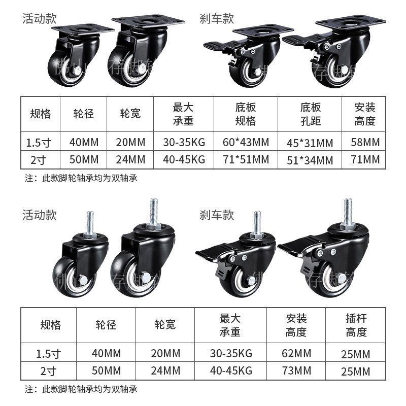 1.5/2寸金钻万向轮丝杆轮子双轴承推车万向轮带刹车滑轮源头|undefined