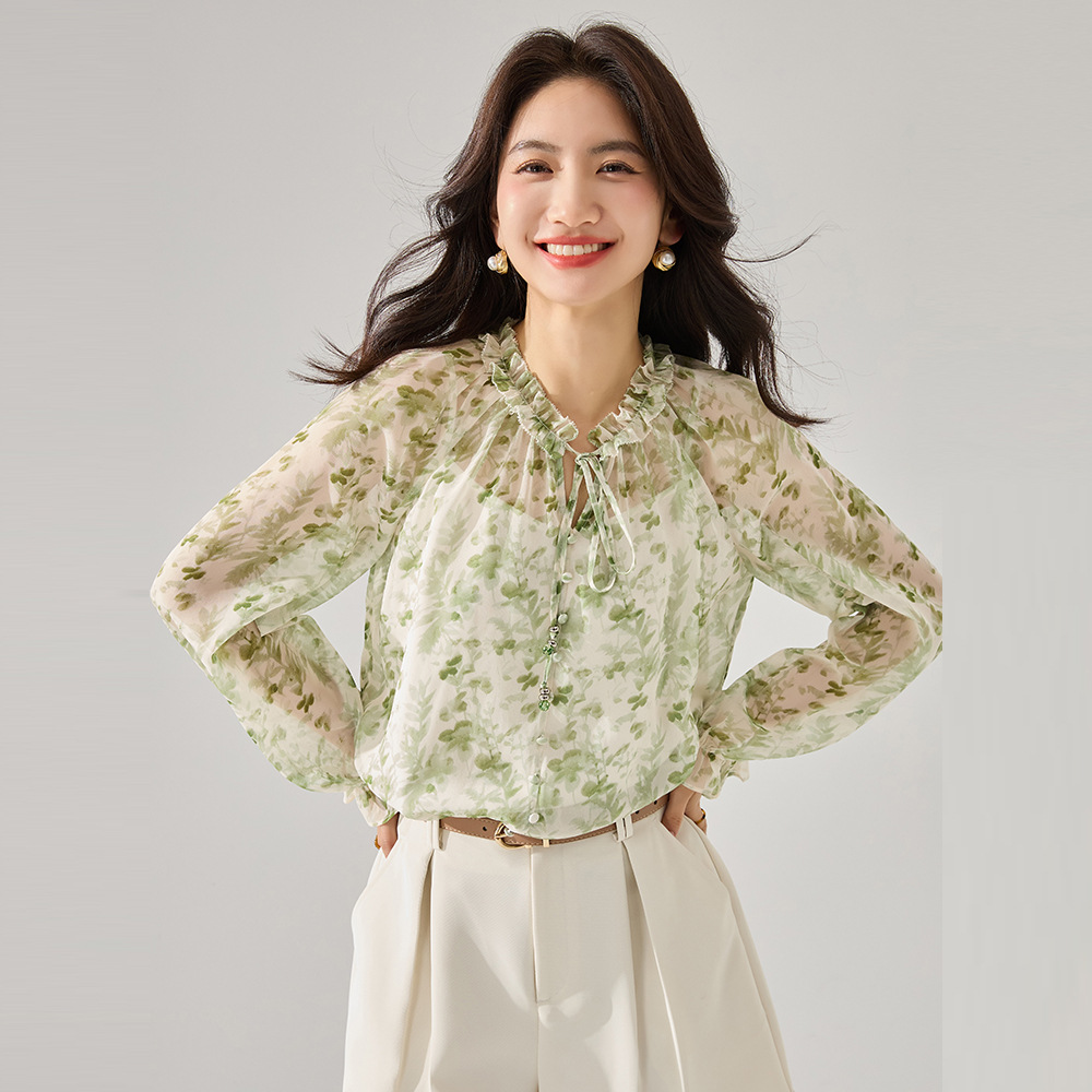 봄 신상 컬러 꽃무늬 쉬폰 가볍고 얇은 플리츠 라운드넥 루즈핏 숲풍 팜풍 탑 셔츠 22306