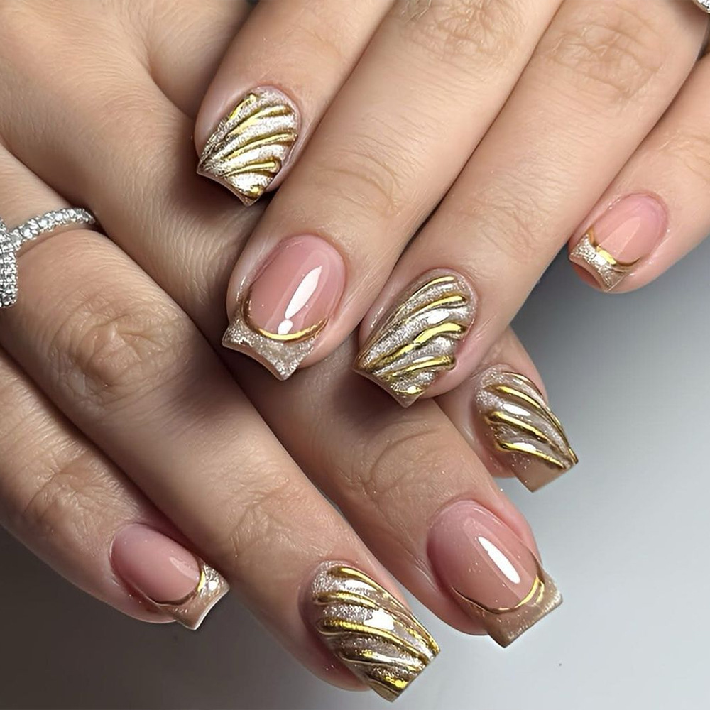 Uña de manicura, uso de uñas transfronterizas, explosión media y larga, ojos de gato franceses, oro, 24 piezas de uñas falsas, parche rosa desnudo