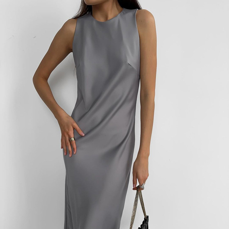 Neck Sleeveless Vest Dress Solid Color Slim Fit Slimming Base Maxi Dress