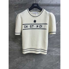 高版本五角星字母提花短袖女式针织衫上衣韩系圆领短袖名媛风