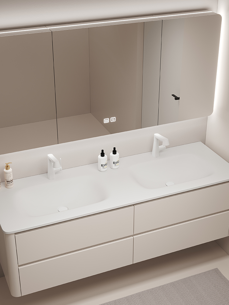 美国杜邦可丽耐一体双盆浴室柜组合橡木洗脸池枝头香双人位洗漱台