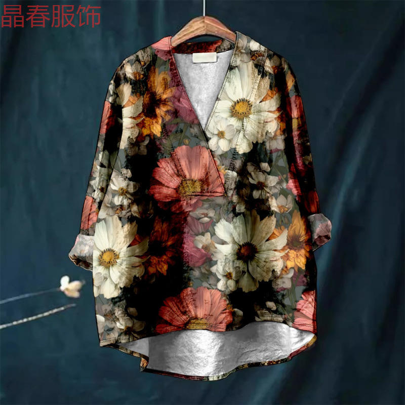 跨境外贸新款 圣诞节印花秋季女装 宽松休闲领大码女装衬衫