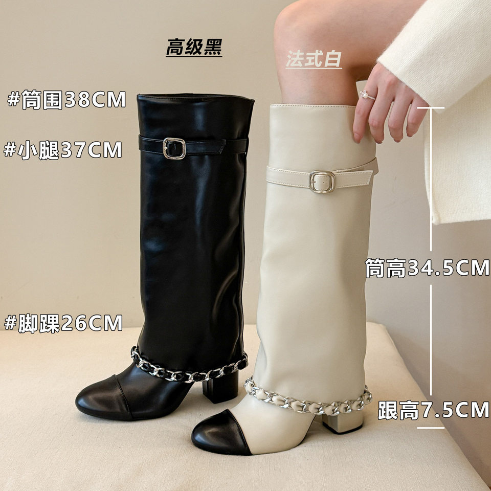 Bốt cao cổ nữ da bò phối màu gót dày mũi tròn, ống cao form đứng tôn chân — Điểm đen cao cấp, Đốm trắng Pháp chi tiết 4