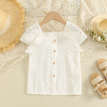 6091夏季新款女童短袖衬衫 洋气女宝宝蕾丝提花娃娃纯色上衣衬衫