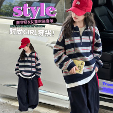 女童春秋款韩版休闲条纹卫衣套装中大童小女孩洋气时髦儿童秋装潮