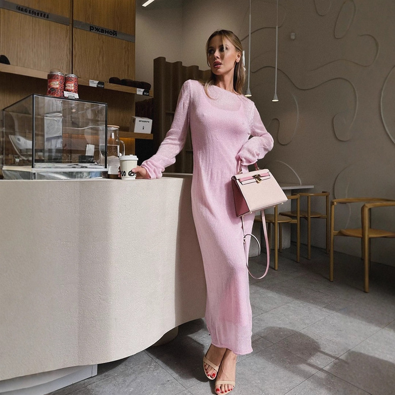 2026 Hollow-Out Pink Bodycon Knit Long Dress European and American Style Sheer Slim-Fit Dress + Tank Dress Two-Piece Set