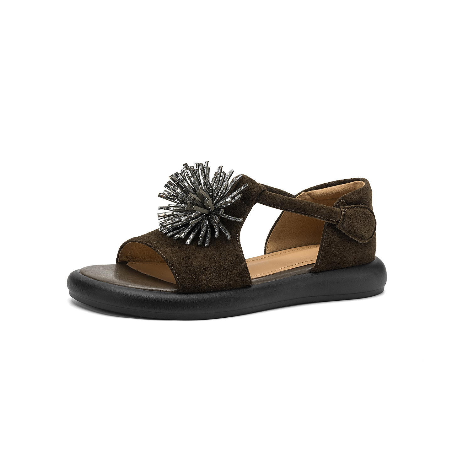 Sandal hở mũi nữ đế dày da cừu đính đá pháo hoa — màu xanh đậm