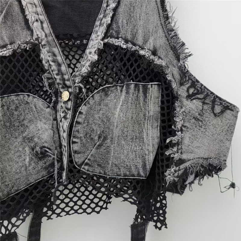 Placa de malla de cuello V chaleco de vaquero de verano de mujeres europeas fritas calles de moda de borde suelto corto sin mangas chaqueta de clip