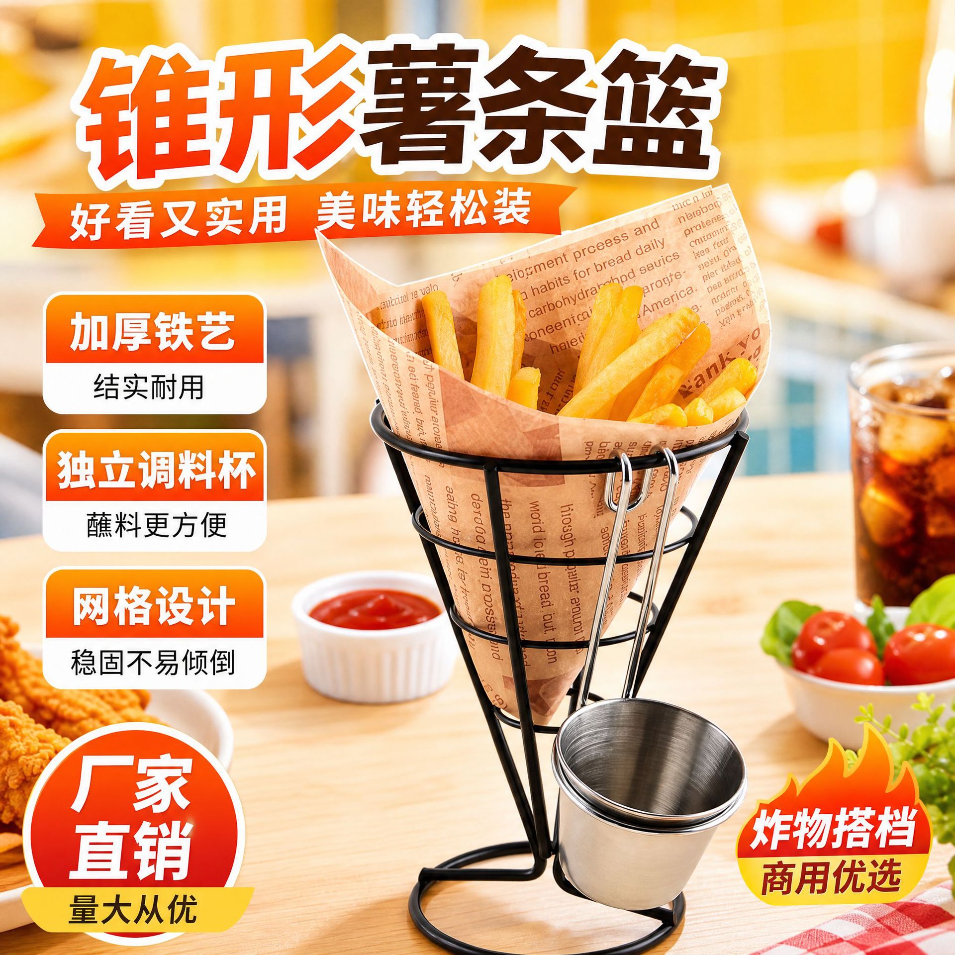 American-Style French Fry Basket, Single-Head Fry Rack, Iron Art Fried Chicken Mini Snack Cone-Shaped Snack Basket, Fry Display Rack