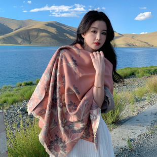 Qinghai Xizang Travel Scarf Women's Elegant Autumn and Winter All-match Oil Painting Short Beard Tassel Warm Scarf Shawl