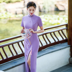 Purple qipao robe oblique split long cheongsam cheongsam young style restoring ancient ways traditional comfort performance