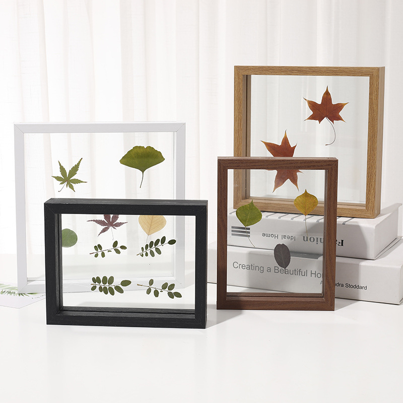 Manufacturer Wholesale Double-Sided Glass Photo Frame Table Plant Specimen Photo Frame Density Board Leaf Carving Photo Frame Square Picture Frame