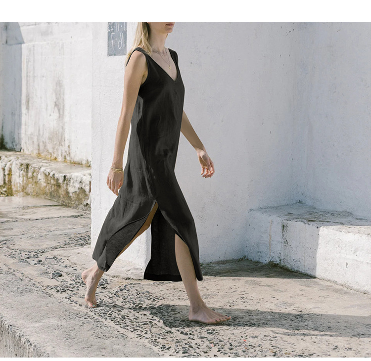 Summer Casual Front Back V Neck Dress Linen Sleeveless High Waist Split Knee Length Backless Cotton Linen Vest Dress