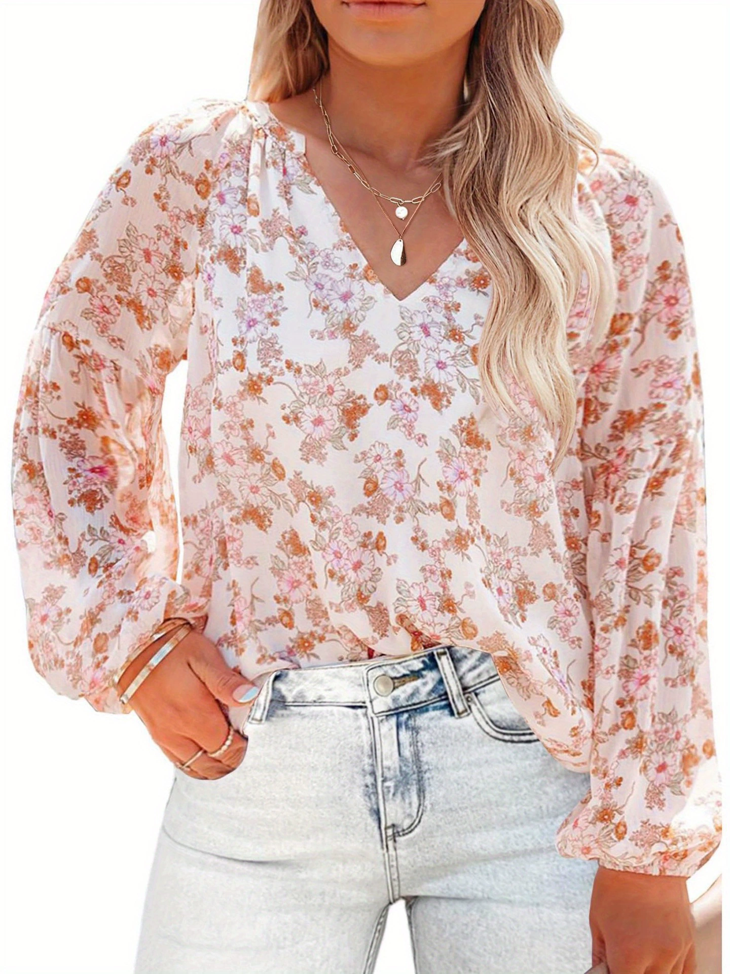 Женская блузка большого размера Boho с флористическим узором и V-образным вырезом, элегантная длинная, кросс-борт