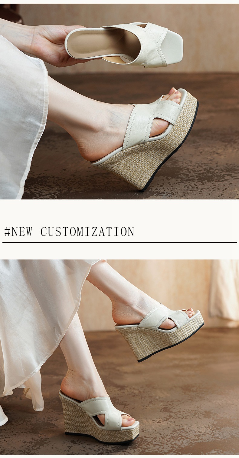 Sandal cao gót nữ hở mũi da dê đế xuồng dày — màu nâu chi tiết 3