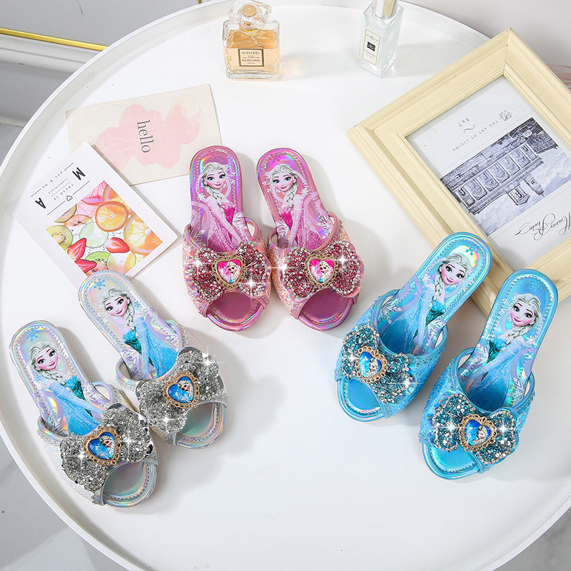 Girls' Elsa Princess Slippers 2026 Cute Bowknot Sequin Soft Sole Children's Sandals Performance Shoes for Primary and Secondary School Students