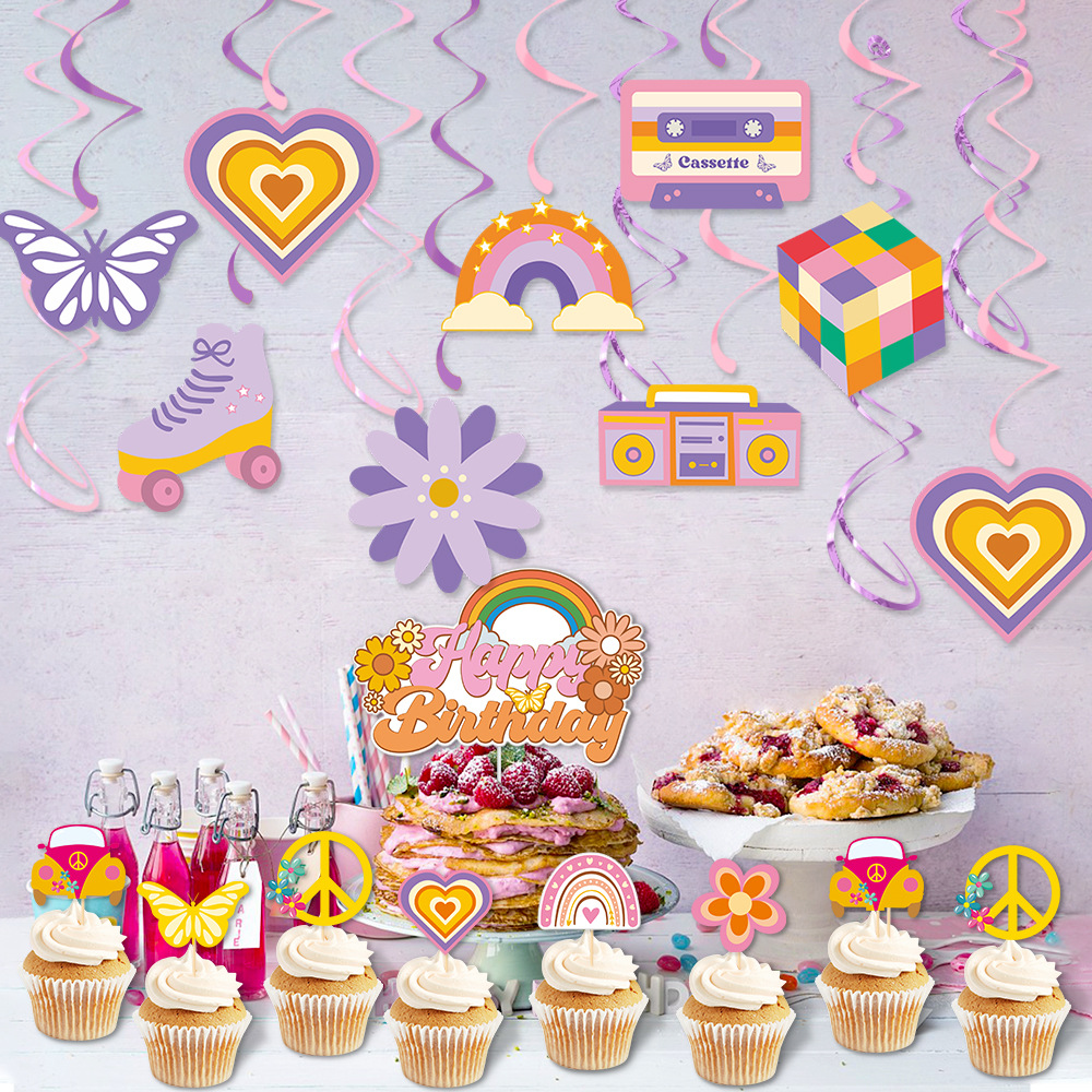 Decoración de cumpleaños hippie transfronteriza decoración espiral 80 años retro decoración de fiesta de cumpleaños colgante espiral