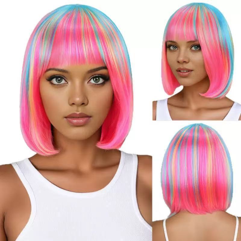 Cosplay Wig European and American Style Bob Wig Short Hair for Women Colorful Double-Shoulder Bob Synthetic Fiber Full Wig High-Temperature Fiber Wholesale