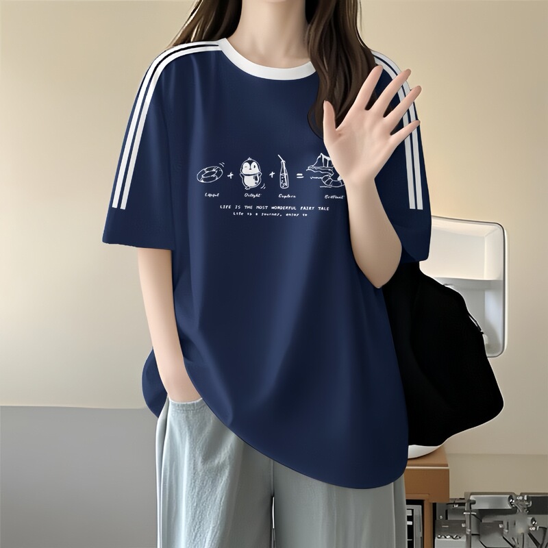 Pure Cotton Navy Blue Black Three-Stripe Short-Sleeved T-Shirt for Female High School Students Summer New Loose Short-Sleeved Top