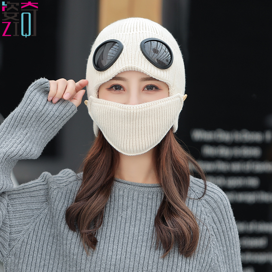 Otoño y invierno nuevo doble engrosado piloto sombrero de punto padres-hijos máscara cálida coreana gafas sombrero de lana para hombres y mujeres