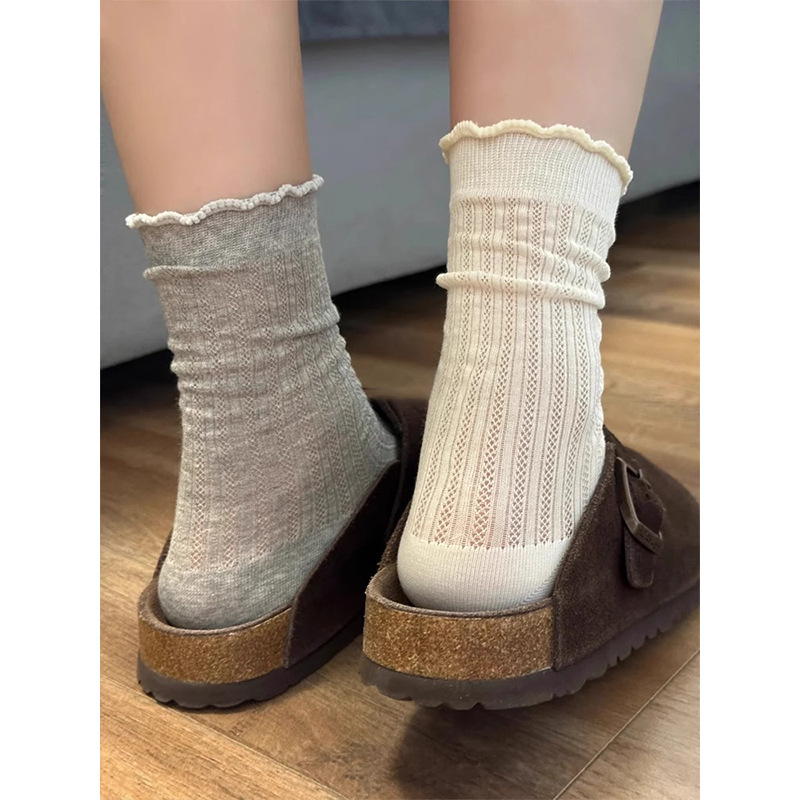 White Women's Summer Thin Mesh Breathable Lace Slouch Socks Versatile Hollow-Out Gray Mid-Calf Socks Zhuji Socks