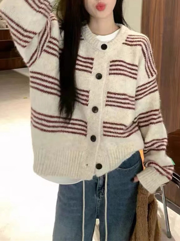 韩系黑白条纹小香风外搭毛衣外套慵懒针织衫春秋季短款宽松开衫女|undefined