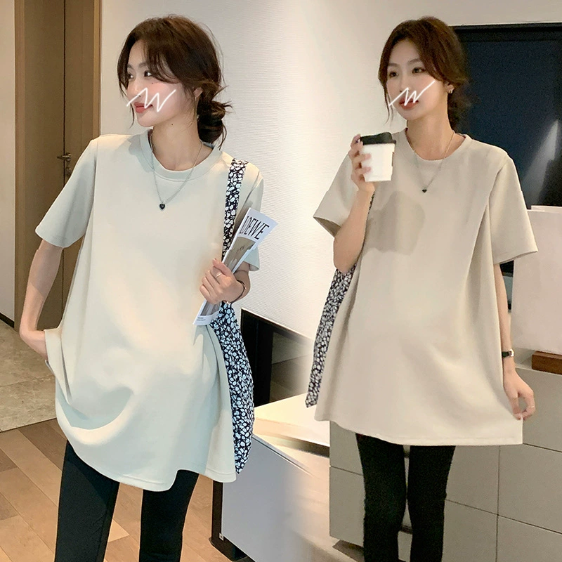 Maternity Summer Ragshou Shirt Summer Korean Style Loose Slim Large Size Short Sleeve Round Collar Trendy Mom Summer Shirt Top