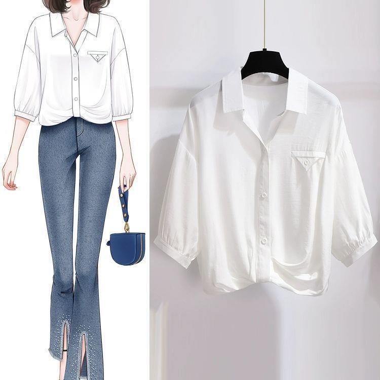 White Shirt, Summer Chic Loose Blouse, 2026 New Fashion Design, Short Shirt, Three-Quarter Length Top, Off-Shoulder