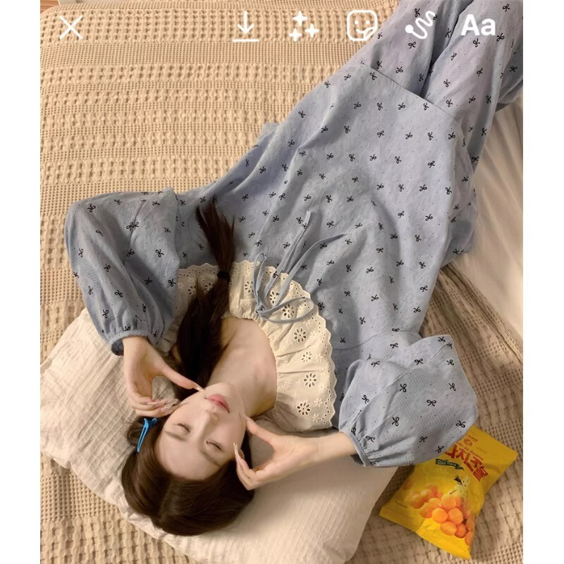 云朵棉 睡衣女春秋甜美大翻领蕾丝花边睡衣女家居服套装|undefined