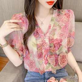 法式领碎花衬衫女夏2026年新款洋气荷叶边时尚短袖粉色雪纺上衣