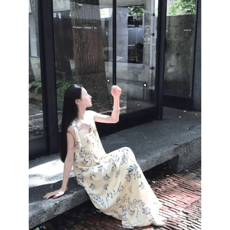 【宋祖儿同款】度假风女装水墨画无袖背心连衣裙气质长裙|undefined