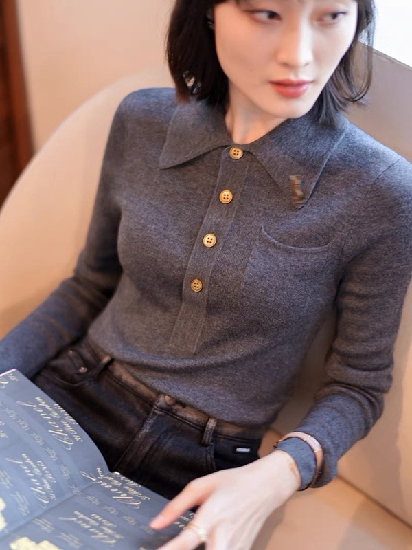 港米服饰2025秋冬打底衬衫女polo领灰色羊毛修身显瘦针织衫上衣|undefined